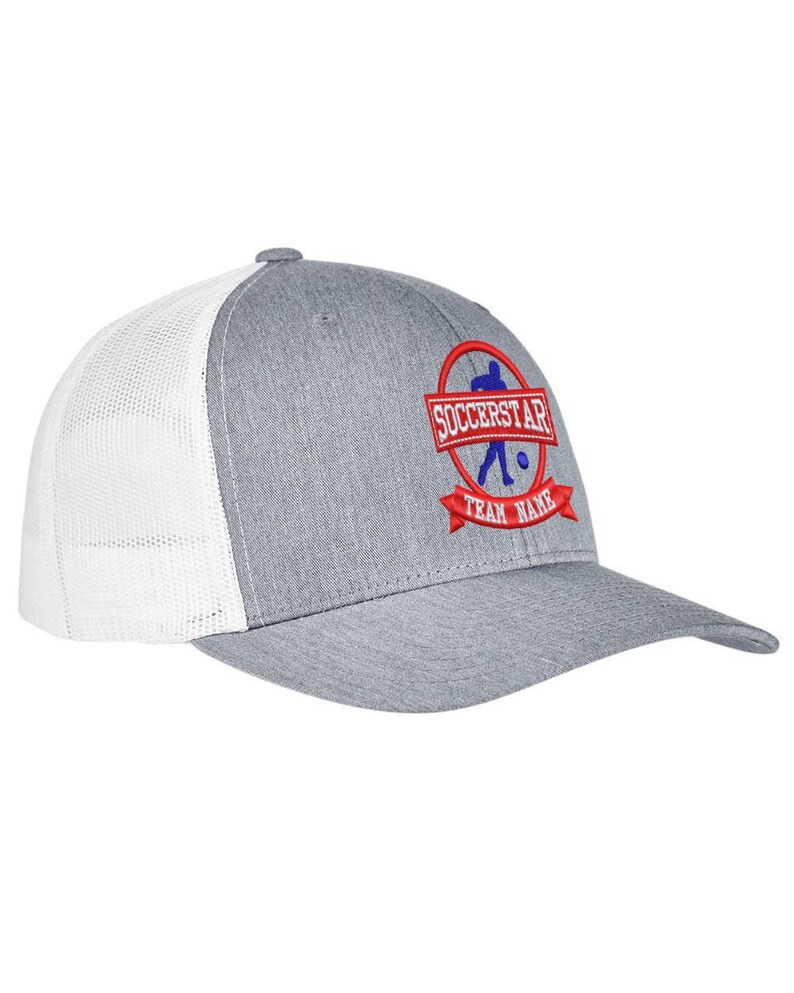 May include: Gray and white trucker hat with a red and blue embroidered logo that says "Soccerstar" and "Team Name".