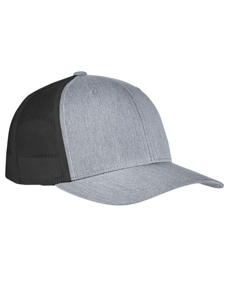 May include: A gray and black trucker hat with a mesh back. The hat has a curved brim and a structured crown.