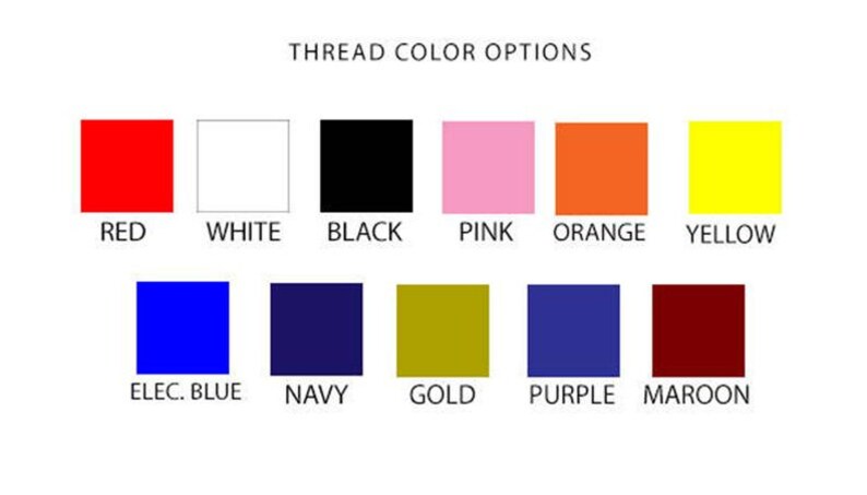 May include: A chart showing thread colour options for embroidery. The colours are red, white, black, pink, orange, yellow, electric blue, navy, gold, purple, and maroon.