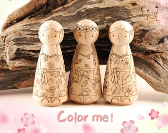 DIY peg doll coloring set (Girls in floral dresses), gifts for kids, gifts for mom, nursery decor
