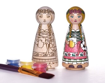 Multicultural DIY peg doll coloring kit (Unpainted German Girl doll), gifts for kids, gifts for mom, nursery decor