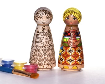 DIY Multicultural peg doll coloring kit (African Girl), unfinished peg dolls, gifts for school aged girls, nursery decor