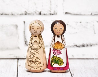 DIY peg doll coloring kit (Unfinished Vietnamese  Girl doll), wooden toy, gifts for kids, nursery decor