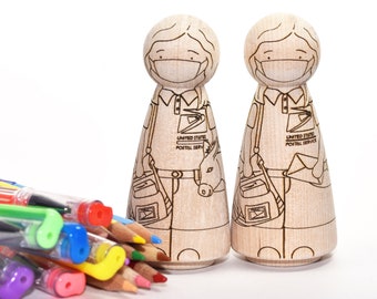 DIY peg doll coloring kit (Unpainted USPS Girl doll), laser-engraved peg dolls，gifts for kids, homeschool, laser-engraved peg dolls