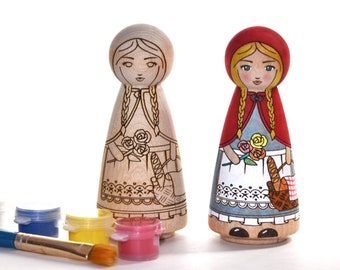 DIY peg doll coloring kit (little red riding hood), gifts for kids, gifts for mom, nursery decor