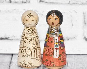 DIY peg doll coloring kit (Unfinished Korean Girl doll), wooden toy, gifts for kids, nursery decor