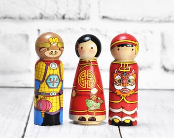 Chinese New Year UNFINISHED peg doll set , DIY kit, learning crafts kit, multicultural,  laser-engraved peg dolls, geography learning
