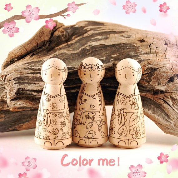 DIY Peg Doll Coloring Set girls in Floral Dresses, Gifts for Kids, Gifts  for Mom, Nursery Decor 
