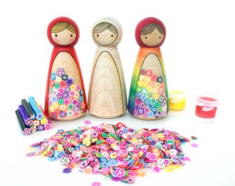 peg doll DIY kit, Montessori  craft, decorate with paint and polymer clay slices, craft kit for mom，DIY project，home office decor