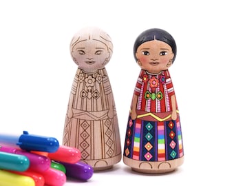 DIY multicultural peg doll coloring kit (UNFINISHED  Mayan Girl peg doll), crafts for kids, homeschool, stocking stuffer, nursery décor