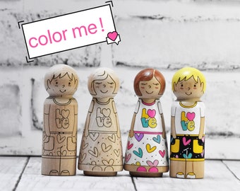 Valentine's Day Peg Doll  UNIFINISHED DIY Coloring set, nursery décor, gifts for kids