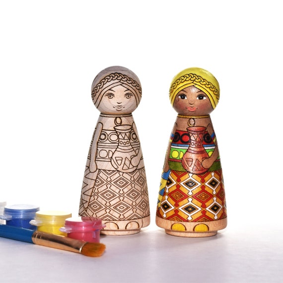 DIY Multicultural Peg Doll Coloring Kit african Girl, Unfinished Peg Dolls,  Gifts for School Aged Girls, Nursery Decor 