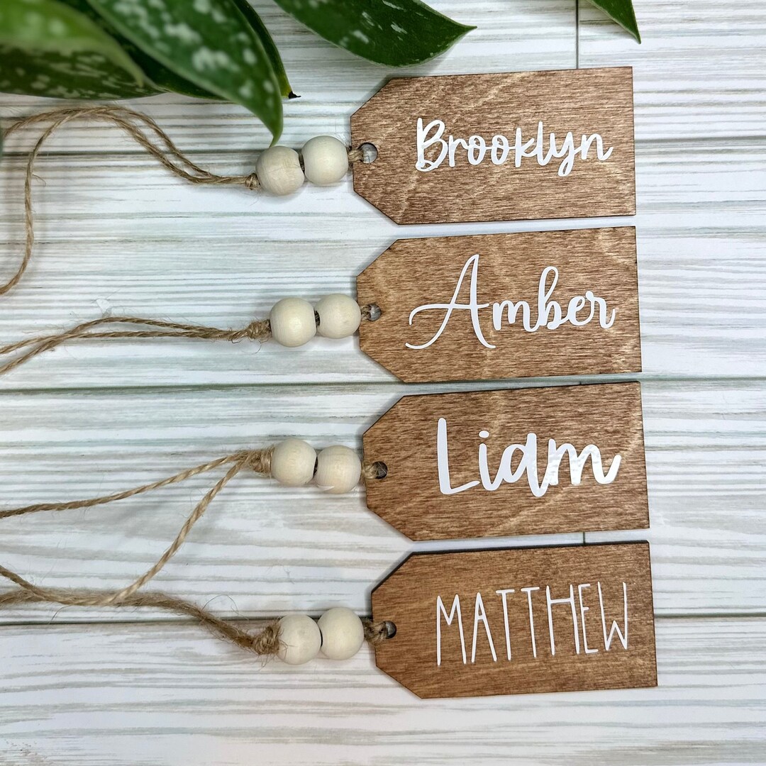 Wooden Name Tag Dog Gift Tag Beaded Name Tag Wood Dog Etsy