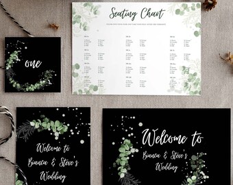 Editable Fairytale Wedding Suite/Welcome Board/Seating Chart/Table Numbers/Green Foliage WeddingTemplate/Canva Printable Details Card/SKUFT
