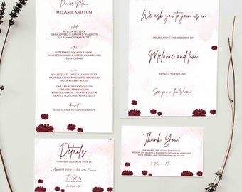 Editable Digital Wedding Invitation Set/Rose Red Invitation Suite/Rose Gold RSVP Card Template/Corjl Printable Details Card/SKURW