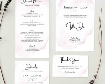Editable Digital Wedding Invitation Set/Pink Splash Invitation Suite/Ink Stained RSVP Card Template/Canva Printable Details Card/SKUPS