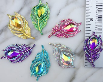 5pcs- 20x38 AB Peacock Feather Flatback Gem Cabochon, 6pcs Assortment