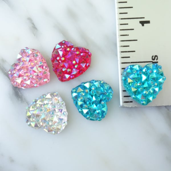 20pcs- 12mm AB Multifaceted Resin Flatback Heart Cabochon, 12pcs Assortment