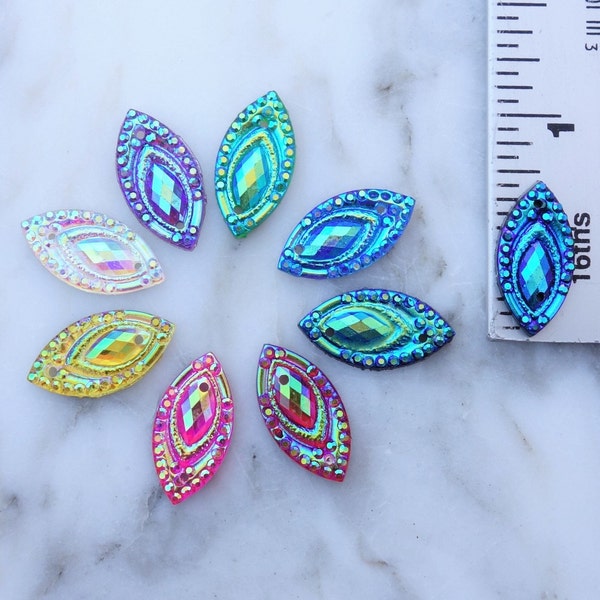 20pcs- 9x18 AB Peacock Flatback Resin Horse Eye/Marquise/Navette Gem, Two Hole