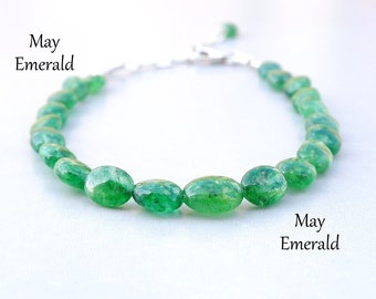 Pulseira de esmeralda para mulheres em prata e ouro rosa, delicada pulseira de esmeralda, pulseira de contas ovais de esmeralda, pulseira de pedra do mês de maio