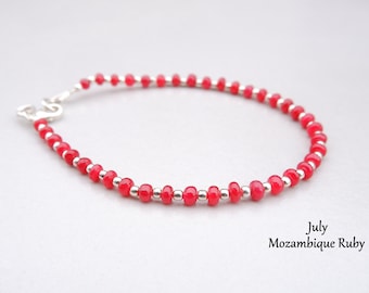 Pulseira de rubi, pulseira com pedra de nascimento de julho, presentes de aniversário para esposa, pulseiras de rubi vermelho para mulheres, pulseira de rubi natural de Moçambique