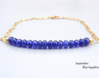 Pulseira de barra de safira azul, pulseira de safira azul royal feita com ouro e ouro rosa, pulseira com pedra do mês de setembro, presente para esposa.