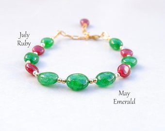 Emerald Bracelet for Women in Gold, Birthday Gift for Her, Delicate Ruby Emerald Stone Bracelet, Emerald Gold Bracelet, Emerald Ruby Jewelry