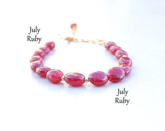 Pulsera de rubí ovalada para mujer en plata y oro rosa, regalo de cumpleaños para ella, delicada pulsera de rubí, pulsera de oro con rubí, joyería con piedra de nacimiento de julio