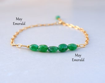 Pulseira de esmeralda em ouro, joias de esmeralda, pulseira de esmeralda com pedras preciosas, presentes de aniversário de maio para ela, pulseira com pedra de nascimento de maio, pulseira delicada