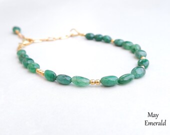 Natural Emerald Gemstone Bracelet, Emerald Oval Shape Beaded Bracelet, Birthday Gifts for Her, May Birthstone Jewelry, Dainty Bracelet