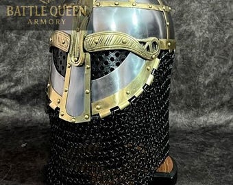 Handcrafted Viking Steel Helmet, Brass Accents, Chainmail Aventail, LARP Armor