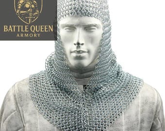 Aluminum Chainmail Coif, Handcrafted Knight Chainmail Hood, Free Size Unisex Cosplay Costume