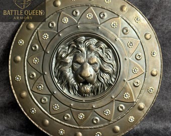 Escudo de cabeza de león hecho a mano: escudo de acero de guerrero medieval, 24 pulgadas