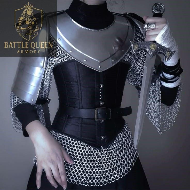 Medieval Lady Knight Armor Set: Steel Pauldrons, Chainmail, LARP Cosplay