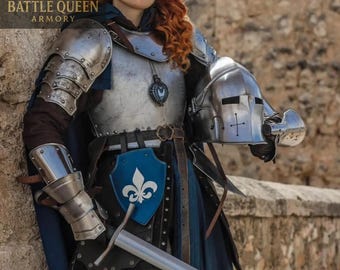 Lady Knight Full Armor Suit: Medieval Steel, Barbuta Helmet, LARP Cosplay