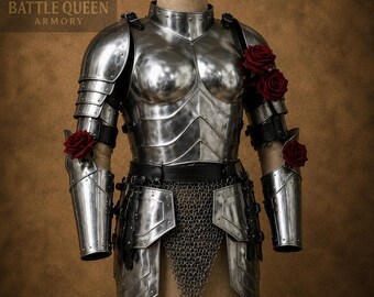 Women's Medieval Polished Steel Knight Armor Set – Breastplate, Pauldrons, Vambraces, Tassets, Chainmail