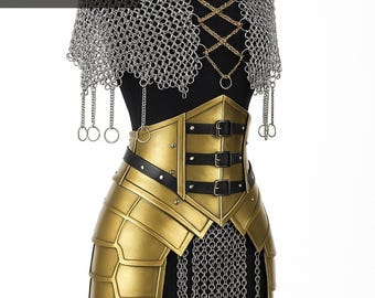 Fantasy Gold Armor Skirt: Medieval Steel Knight Costume with Chainmail Cape