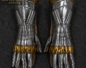 Steel Gauntlets with Brass Accents | Medieval Knight Armor Gloves for Cosplay