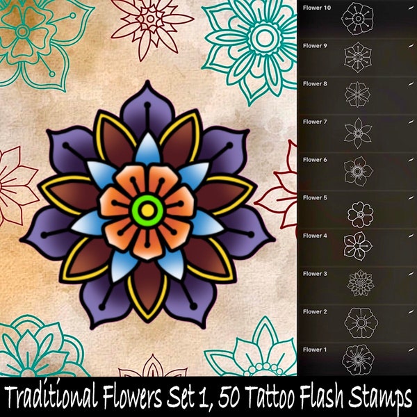 50 pinceaux de tatouage Procreate-Traditional Flowers