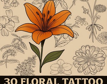 30 Procreate Blommor Tatueringspenslar – Handritade Botaniska Stämpelset för Tatuerare och Illustratörer