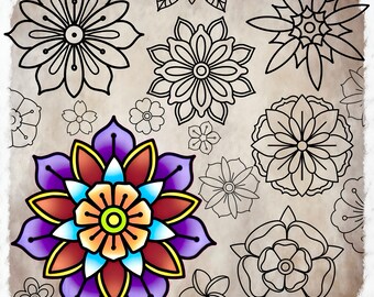 50 traditionella blomtatueringsborstar Procreate – Vintage Flash-stämpelset för tatuerare och illustratörer