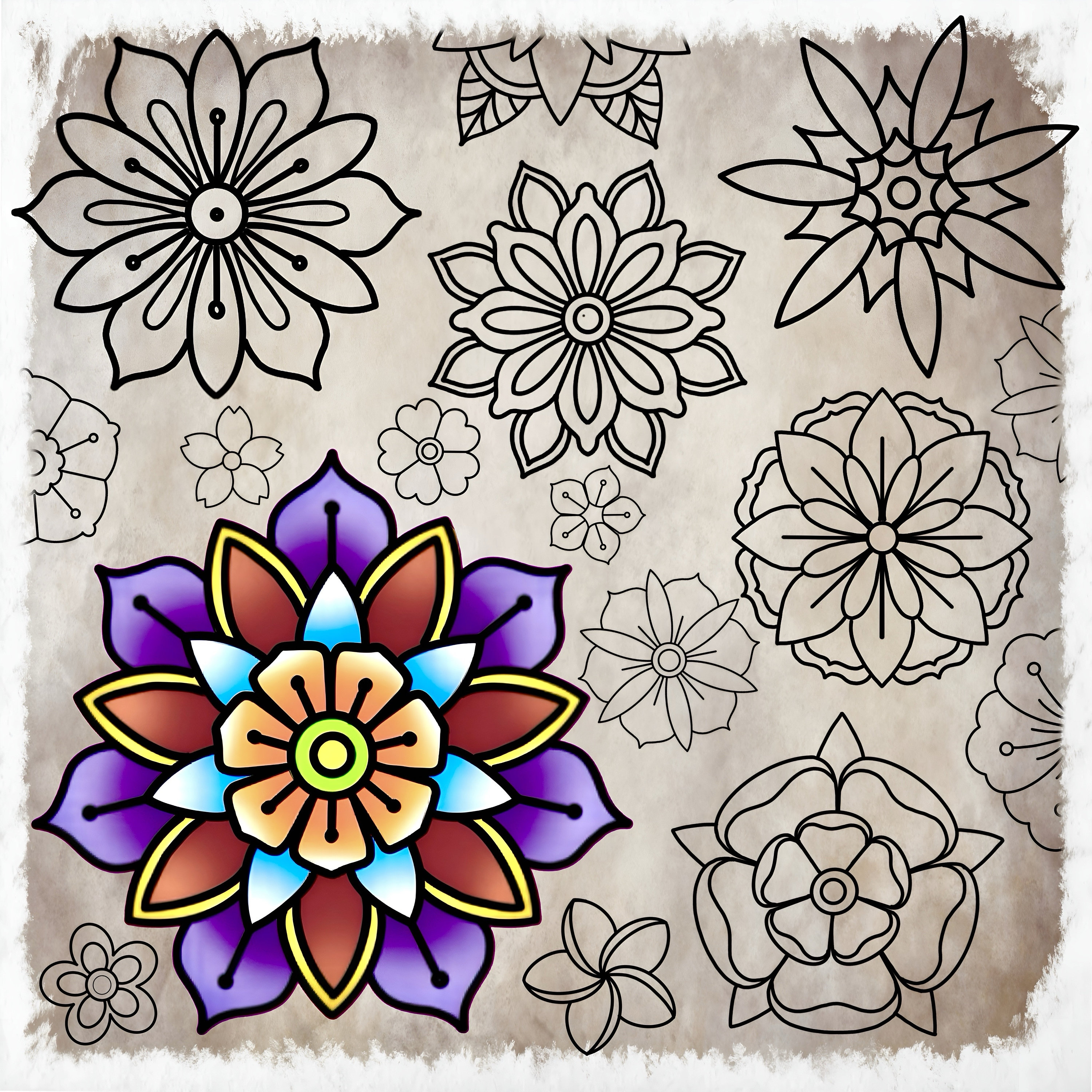 50 Traditional Flower Tattoo Procreate Brushes – Vintage Flash Stamp ...
