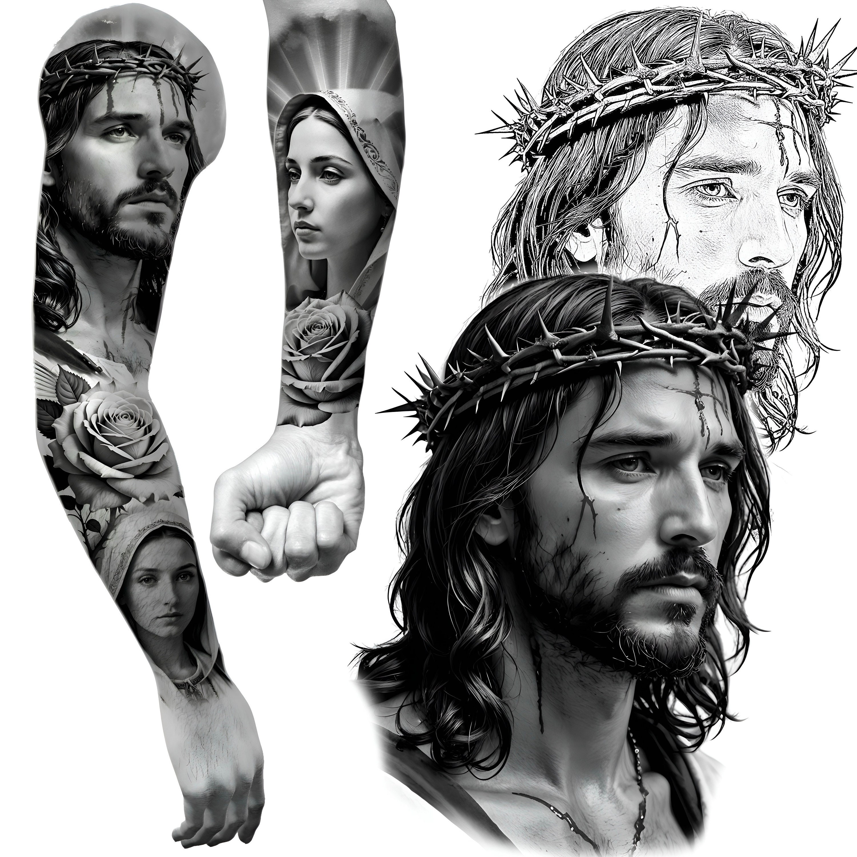 60 Procreate Religious Tattoo Brushes – Jesus, Virgin Mary, Angels, Crosses, Praying Hands, Doves, Rays,Clouds