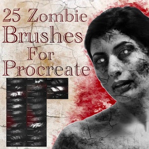 Może przedstawiać: Cyfrowa ilustracja kobiety zombie o spękanej skórze i białych oczach. Obraz jest listą produktów dla 25 pędzli zombie do Procreate.