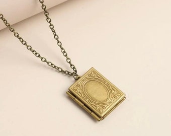Unique vintage look bronze book photo locket necklace pendant