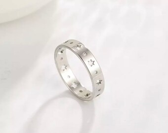 Stunning Hand Crafted Stainless Steel Ring Star Detail Cut Out Ring Star Ring Band Wedding Ring