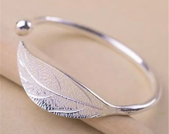 Unique Silver Leaf Design Bangle Bracelet Cuff Adjustable thinking of you healing missing you guardian angel boho