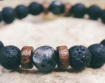Black Lava Stone 8mm Beaded Stretchy Bracelet with Light Blue Sponge Coral Focal Beads Men/'s Matte Black Agate