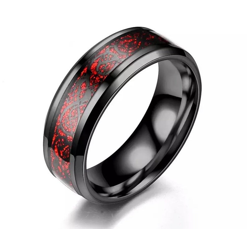 Unique Carbon Fibre and Stainless Steel Ring Dragon Red & Black Ring Norse Viking Wedding Shine Finish Dragon Ring Pagan 