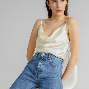 Ivory Silk Cami Top: Cowl Neck Satin Camisole